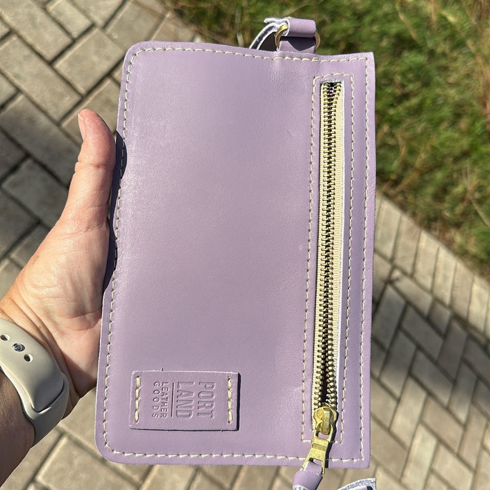 Adriana pouch wristlet in lavender.